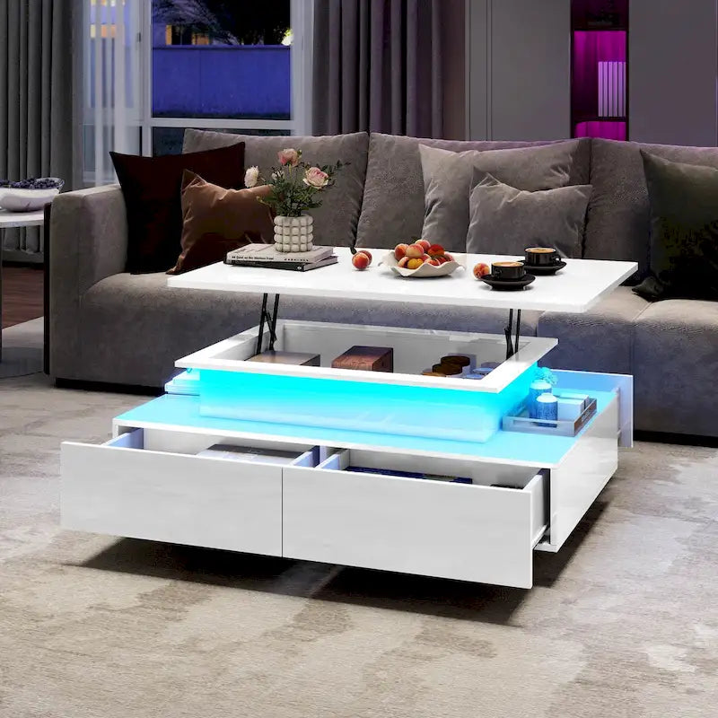Modern High-Gloss Coffee Table with LED Lights and 4 Drawers