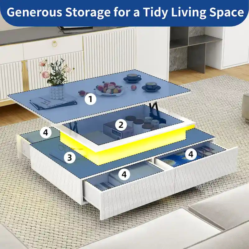 Modern High-Gloss Coffee Table with LED Lights and 4 Drawers