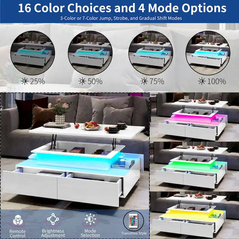 Modern High-Gloss Coffee Table with LED Lights and 4 Drawers