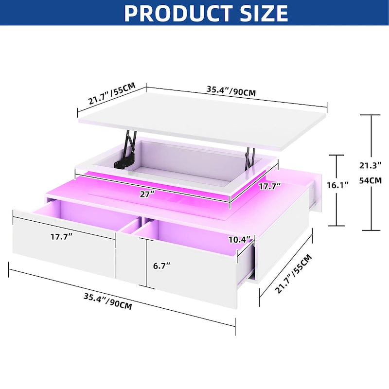 Modern High-Gloss Coffee Table with LED Lights and 4 Drawers