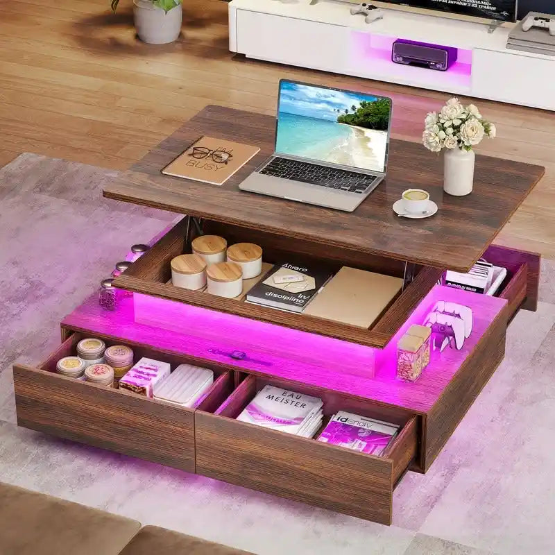 Modern High-Gloss Coffee Table with LED Lights and 4 Drawers