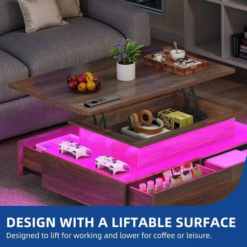 Modern High-Gloss Coffee Table with LED Lights and 4 Drawers