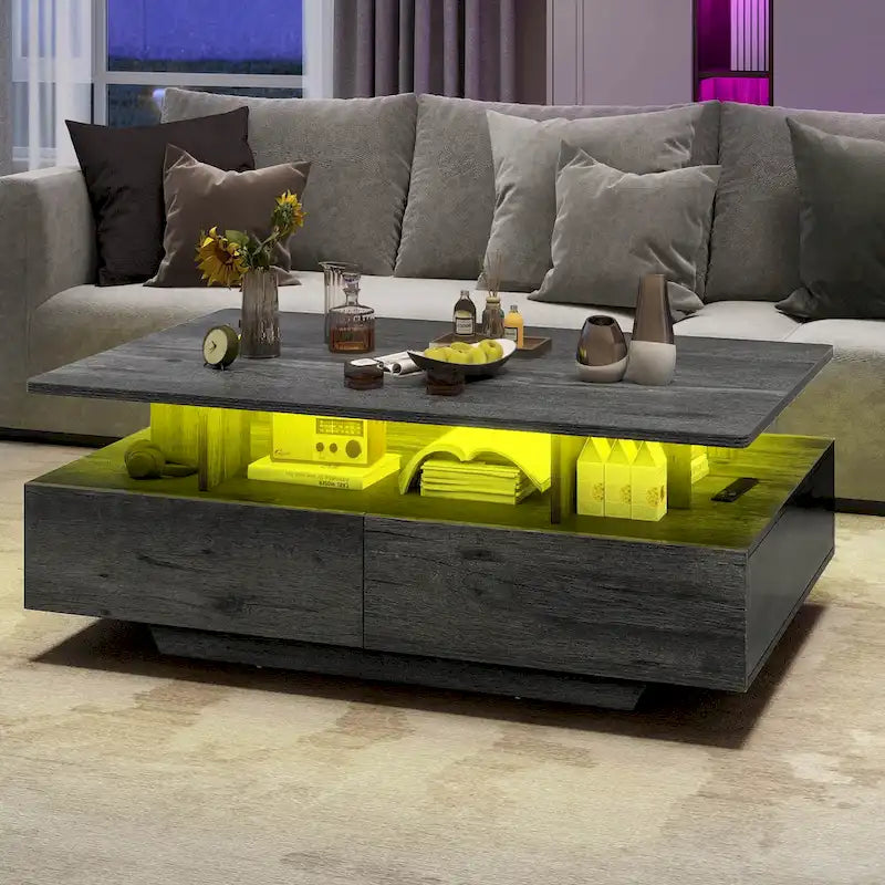 Modern High-Gloss Coffee Table with LED Lights and 4 Drawers
