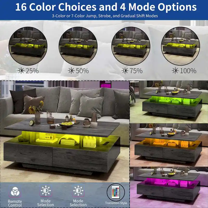 Modern High-Gloss Coffee Table with LED Lights and 4 Drawers