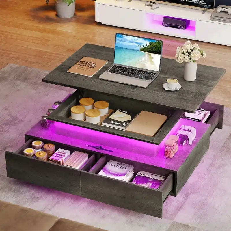 Modern High-Gloss Coffee Table with LED Lights and 4 Drawers