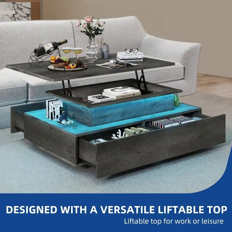 Modern High-Gloss Coffee Table with LED Lights and 4 Drawers