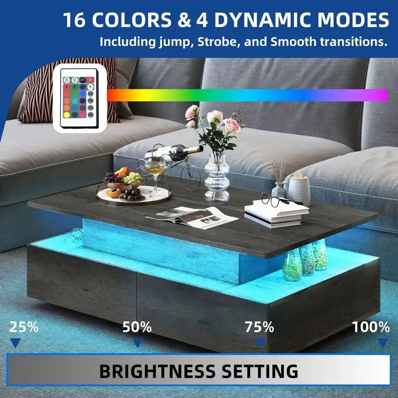 Modern High-Gloss Coffee Table with LED Lights and 4 Drawers