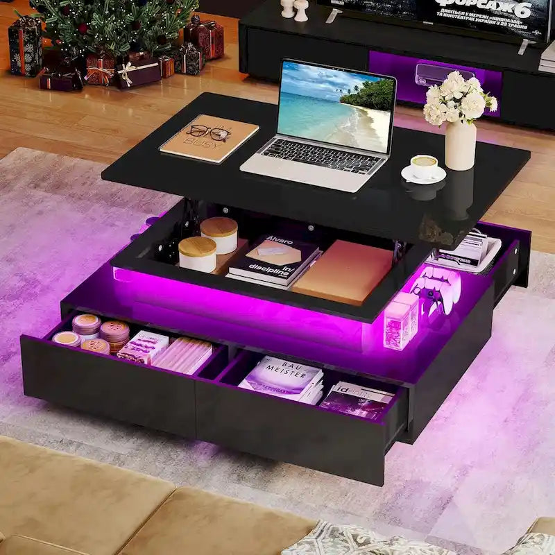 Modern High-Gloss Coffee Table with LED Lights and 4 Drawers