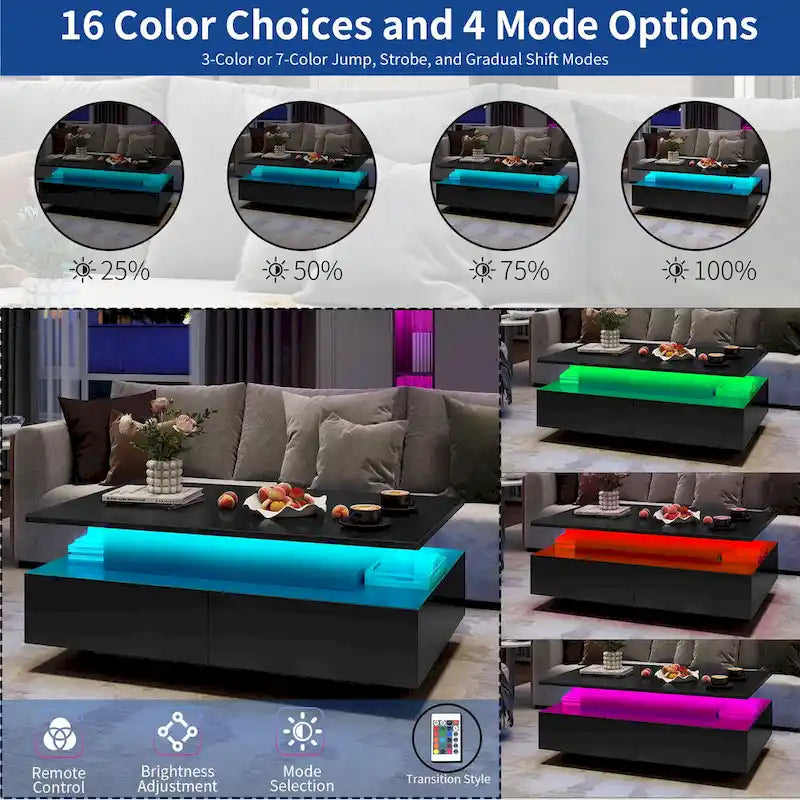 Modern High-Gloss Coffee Table with LED Lights and 4 Drawers