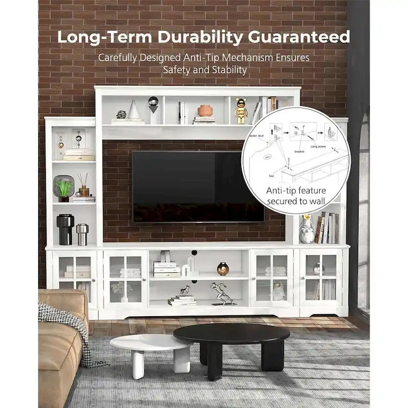 White Entertainment Center with Bookshelves and Storage