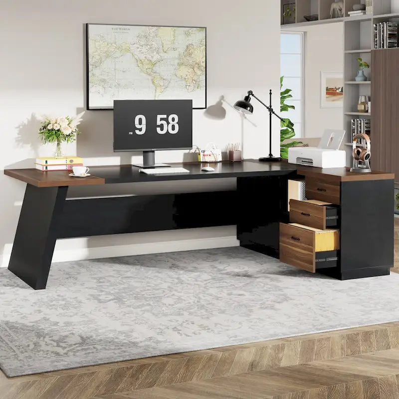 78.7-Inch L-Shaped Executive Desk with File Cabinet and Drawers