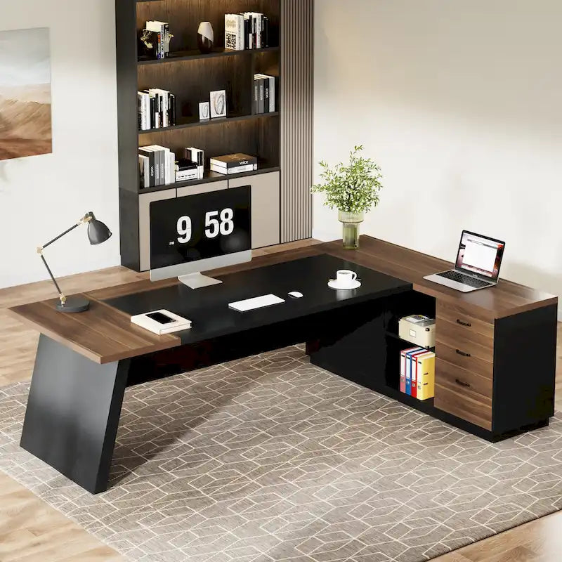 78.7-Inch L-Shaped Executive Desk with File Cabinet and Drawers