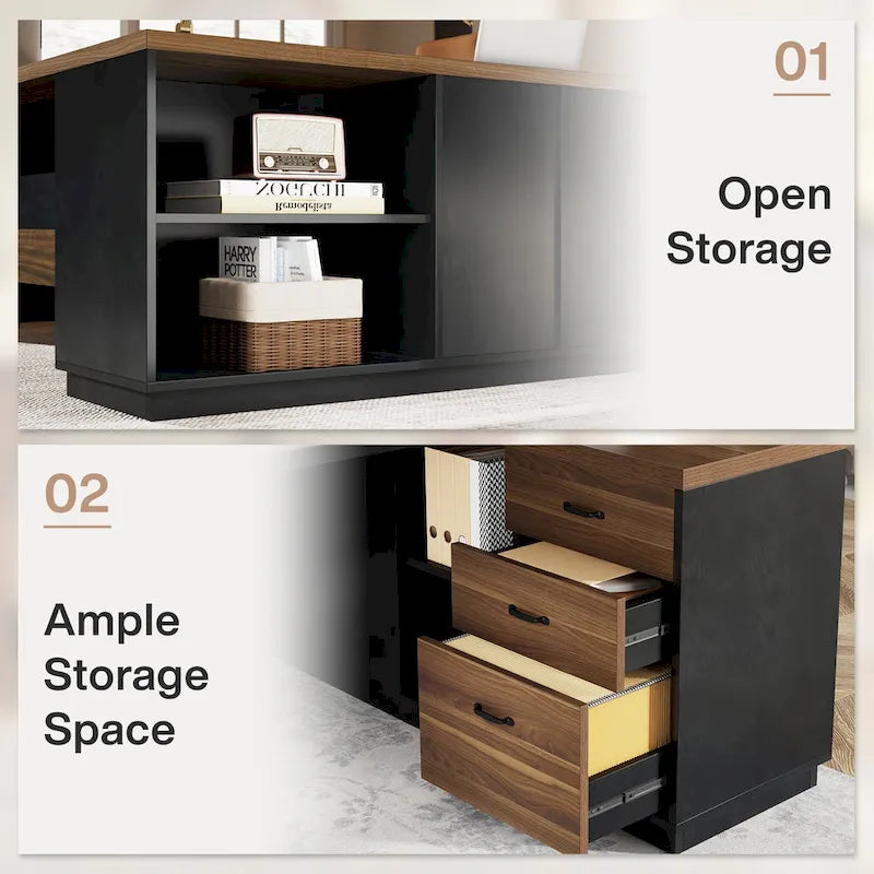 78.7-Inch L-Shaped Executive Desk with File Cabinet and Drawers