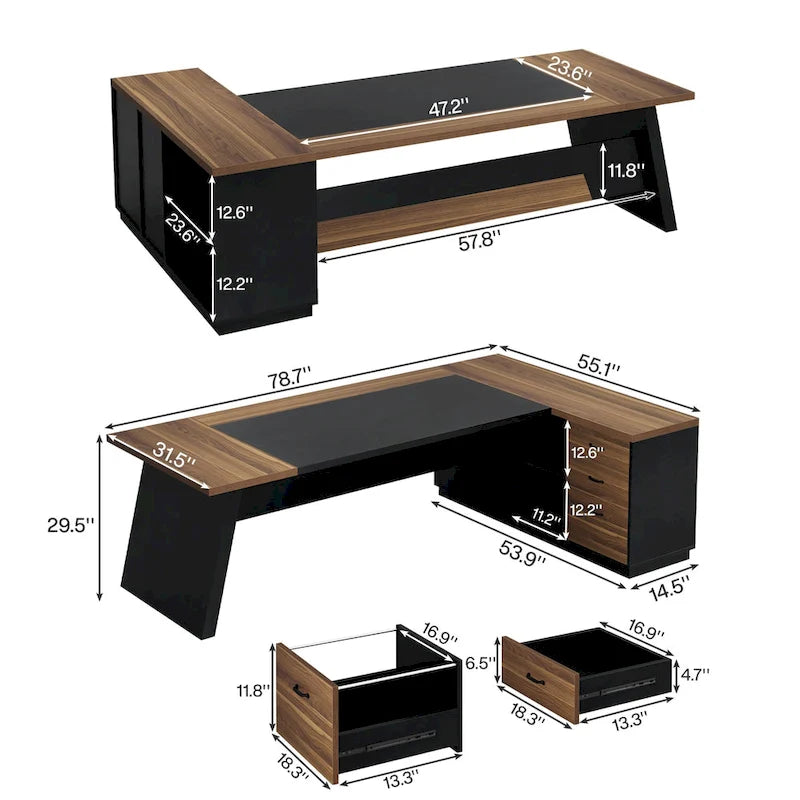 78.7-Inch L-Shaped Executive Desk with File Cabinet and Drawers