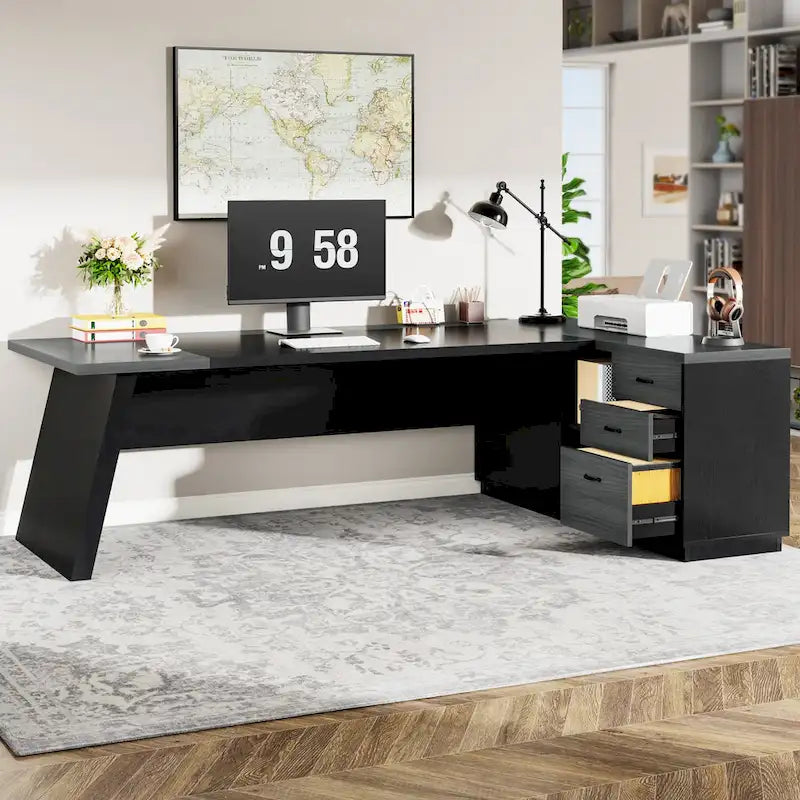 78.7-Inch L-Shaped Executive Desk with File Cabinet and Drawers