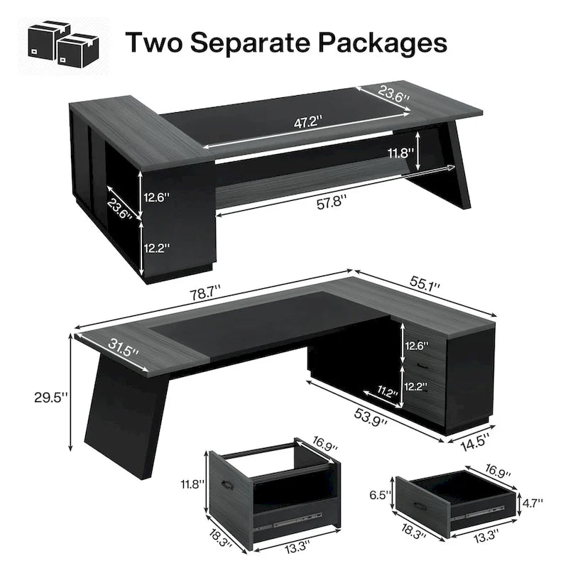 78.7-Inch L-Shaped Executive Desk with File Cabinet and Drawers