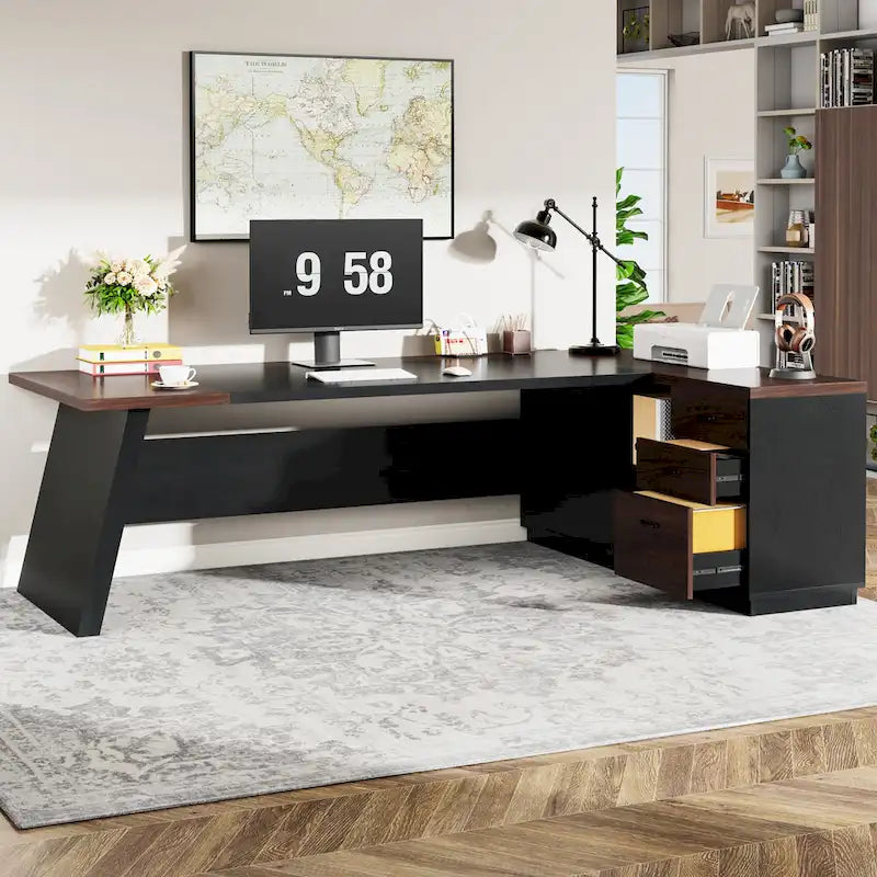 78.7-Inch L-Shaped Executive Desk with File Cabinet and Drawers