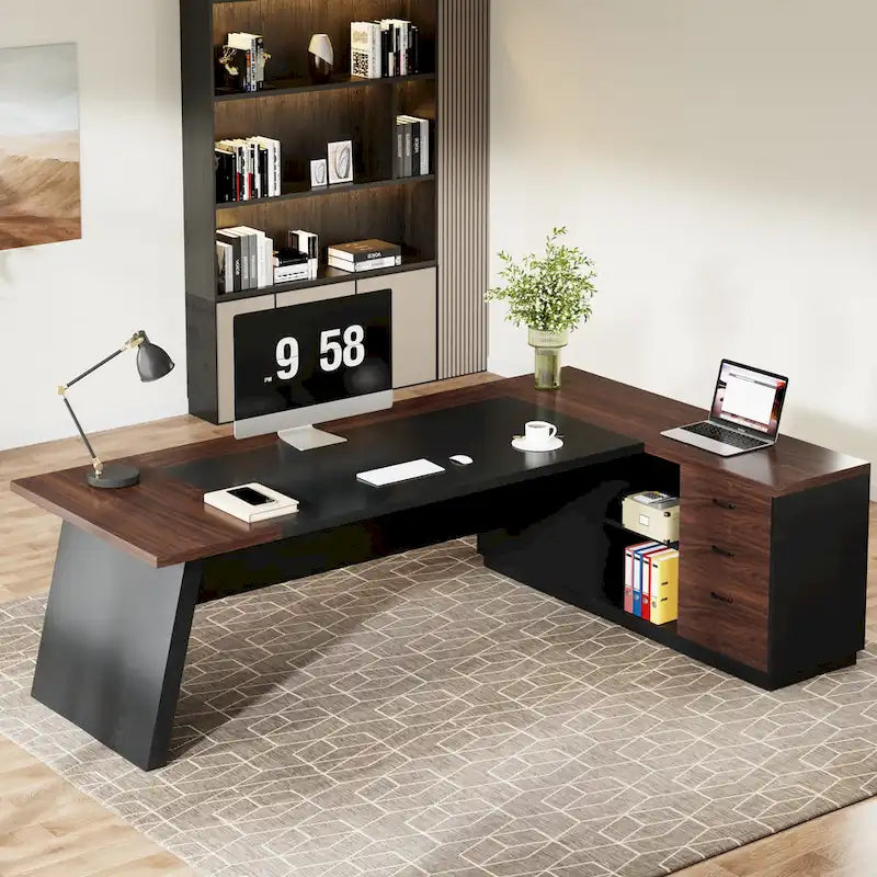 78.7-Inch L-Shaped Executive Desk with File Cabinet and Drawers