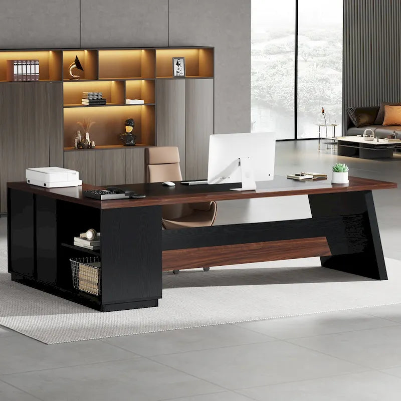 78.7-Inch L-Shaped Executive Desk with File Cabinet and Drawers