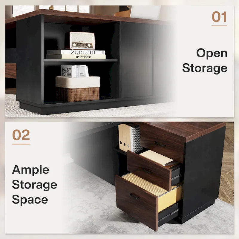 78.7-Inch L-Shaped Executive Desk with File Cabinet and Drawers