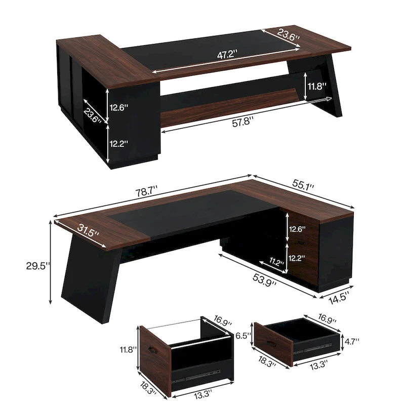 78.7-Inch L-Shaped Executive Desk with File Cabinet and Drawers