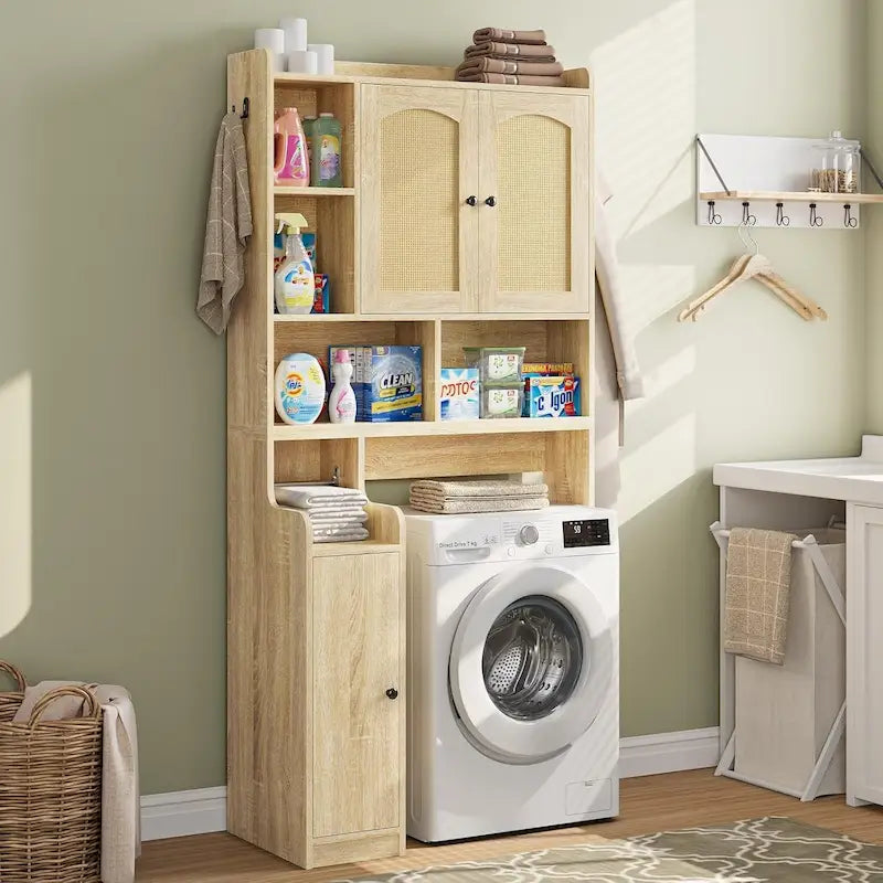 Farmhouse Over-the-Toilet Storage Cabinet with Rattan Doors