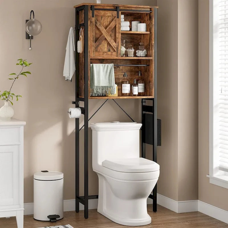 Farmhouse Over-the-Toilet Storage Cabinet with Rattan Doors