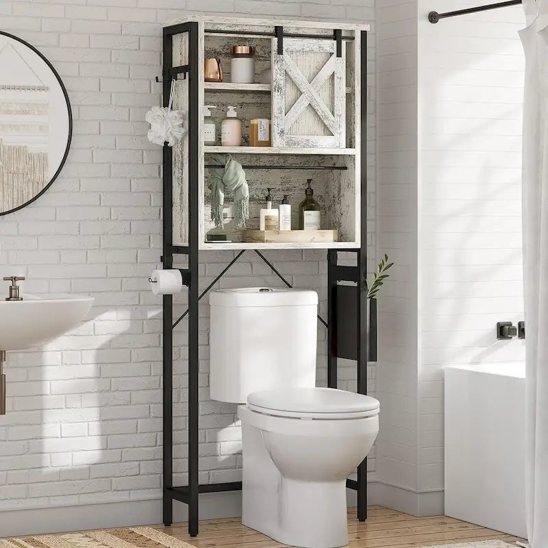 Farmhouse Over-the-Toilet Storage Cabinet with Rattan Doors